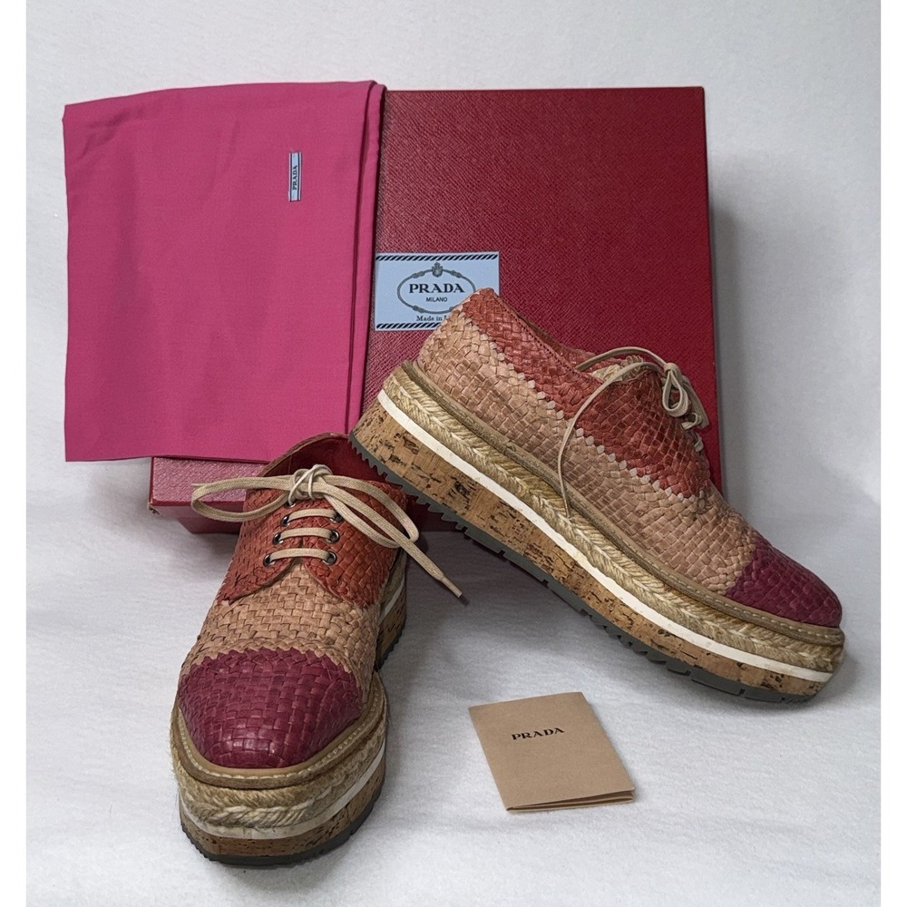 PRADA Madras Tricolor Shoes Sz 36/5.5-6 Pink Cork Oxford Platform Preppy Leather